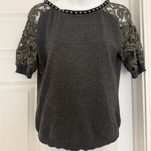 Like New Authentic Alberta Ferretti 100% Virgin Wool Top w Macramé Lace Sleeves